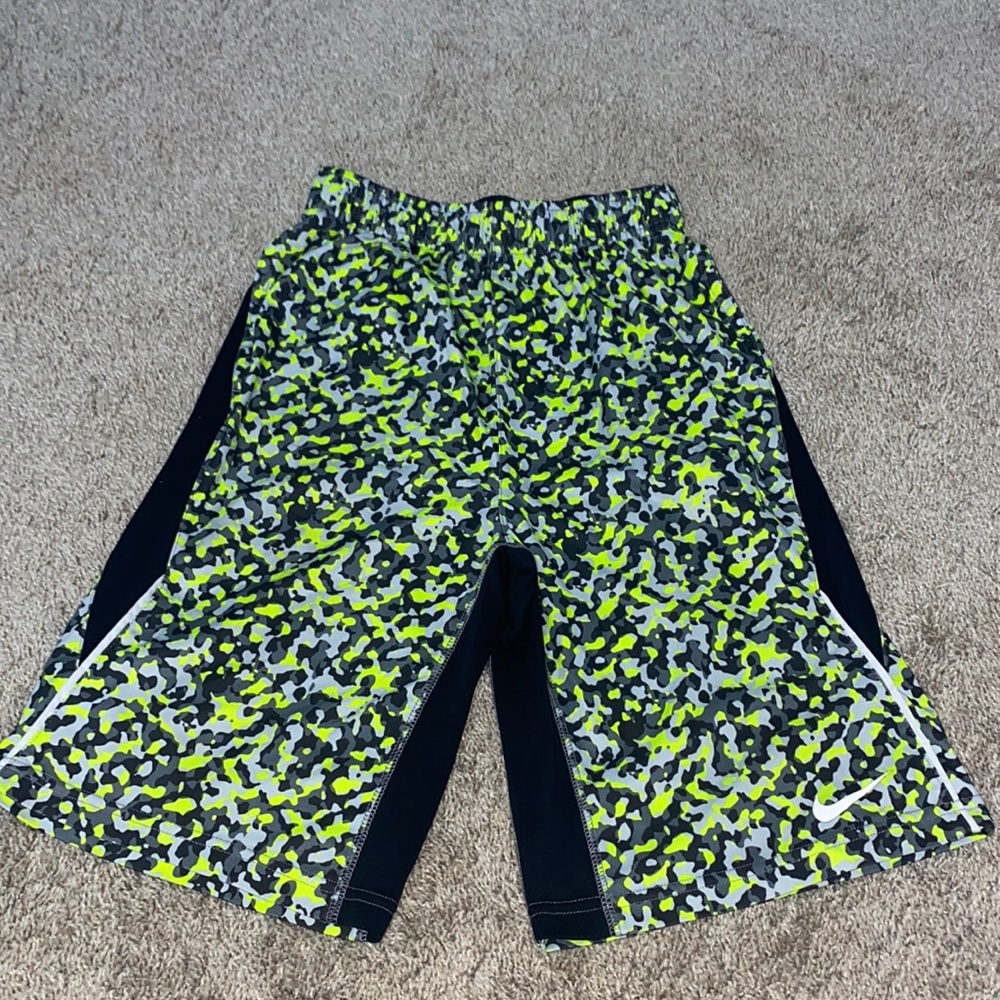 Kids neon yellow and gray camo Nike Dri Fit shorts